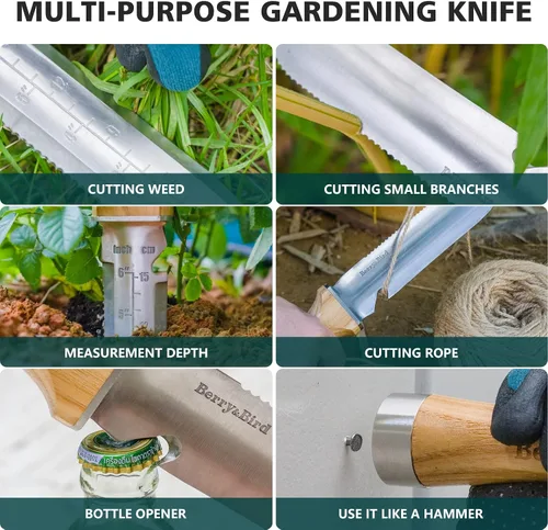 Miniatura 6 de Berry&Bird Hori Hori - Cuchillo de jardín multiusos con hoja afilada de doble filo de acero inoxidable de 7 pulgadas, cuchillo de tierra con funda