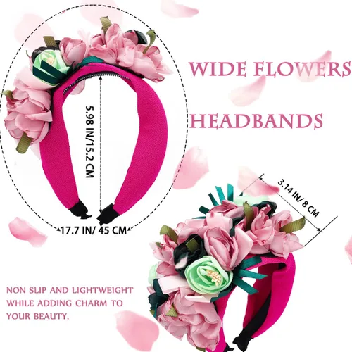 Miniatura 5 de Diademas anchas bohemias con flores rosas, antideslizantes, hechas a mano, para mujer, para el cabello, festivales, bailes, fiestas (rosa)