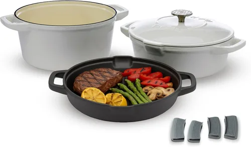 Miniatura 8 de NATIVO Juego de utensilios de cocina apilables de hierro fundido de 5 piezas, horno holandés esmaltado versátil, sartén para parrilla sazonada