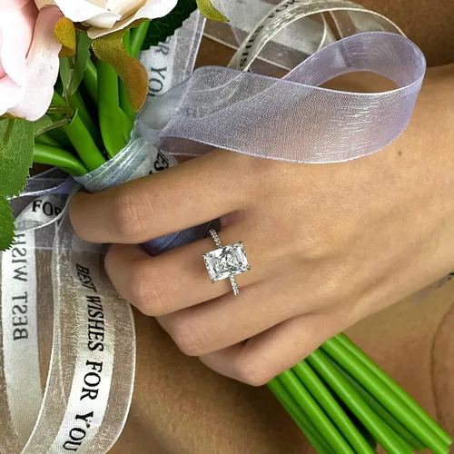Miniatura 8 de michooyel S925 - Anillo de compromiso de circonita cúbica de corte radiante de 4 quilates anillo de compromiso de boda de plata de ley para mujer