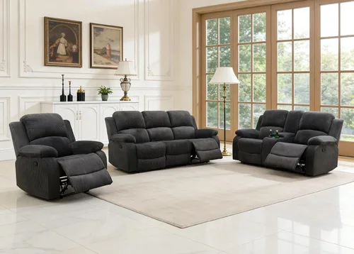 Miniatura 58 de Sofá reclinable manual moderno, sofá reclinable de cuero de 3 plazas, sofá reclinable de sala de estar, sofá con portavasos y mesa abatible