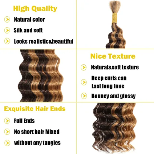 Miniatura 3 de 1 paquete de cabello humano trenzado de 18 pulgadas para trenzar reflejos, color 4/27, onda profunda, a granel 12A, virgen brasileño, 100% cabello