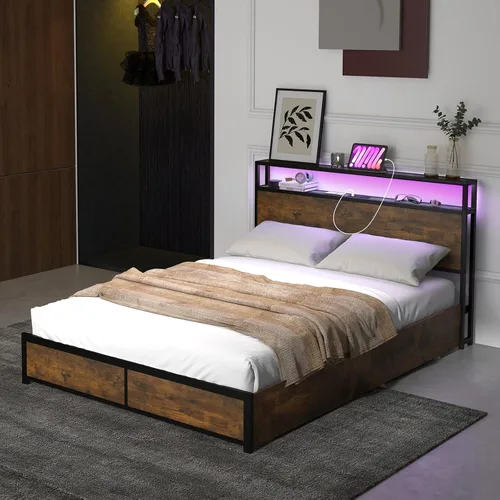 Miniatura 8 de Giantex Base de cama matrimonial con cabecero de luces LED y 4 cajones de almacenamiento, plataforma de metal con tomas de corriente y puertos USB