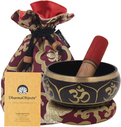 Miniatura 9 de DharmaObjects Mediano ~ Juego de cuencos cantantes hindú OM ~ con mazo, cojín de brocado y bolsa de transporte ~ para meditación, curación