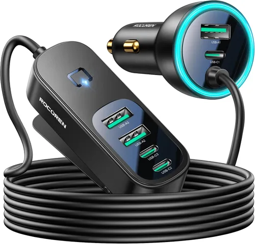 Rocoren Cargador de coche multipuerto de 105 W, 6 puertos, cargador de coche PD rápido USB C para múltiples dispositivos, adaptador de encendedor de
