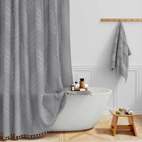 Miniatura 10 de BTTN Cortina de ducha bohemia de 36 x 72 pulgadas, con textura de hojas copetudas y borlas y 6 ganchos, cortinas de ducha modernas estilo rústico