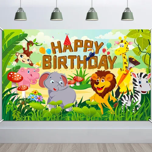 HOWAF Cartel de tela de feliz cumpleaños para decoración de fiestas temáticas de animales de la selva, decoración de fondo de pared para niños,