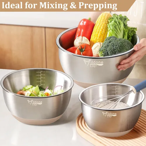 Miniatura 4 de Wildone Cuencos para Mezclar con Tapas Herméticas, 27 PCS Cuencos de Acero Inoxidable Anidables, con 3 Accesorios de Rallador, Marca de Escala