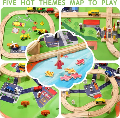 Miniatura 6 de Juego de 100 pistas de tren de madera, tren de juguete con pistas para niños de 3 a 10 años, compatible con las principales marcas, juego
