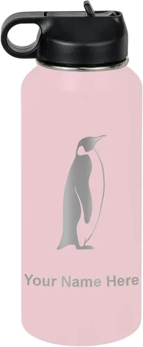 Miniatura 39 de LaserGram Botella de agua personalizada, pingüino, acero inoxidable de doble pared aislada al vacío con popote superior, regalo grabado