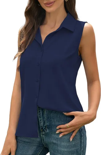 Miniatura 16 de JTD Camisas sin mangas con botones para mujer, tops casuales con cuello, camiseta sin mangas con cuello en V, blusas de verano para trabajo