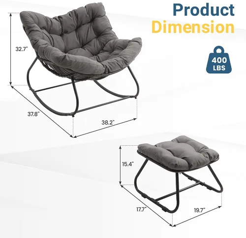 Miniatura 2 de Wisteria Lane Mecedora de patio con otomana, silla mecedora de huevos para interiores y exteriores con cojines, silla Papasan de metal de gran