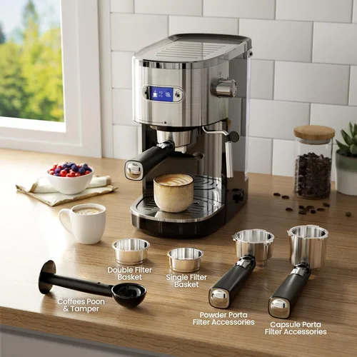 Miniatura 7 de Kismile Máquinas de espresso de 20 bares, máquinas de espresso semiautomáticas con espumador de leche, varita de vapor y cápsulas, fabricantes Negro