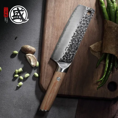 Miniatura 5 de MITSUMOTO SAKARI Cuchillo japonés Nakiri de 7 pulgadas, acero SKD-11 Wide 2mm Nakiri blade for vegetable push cuts, 3-layer SKD-11 steel, textured
