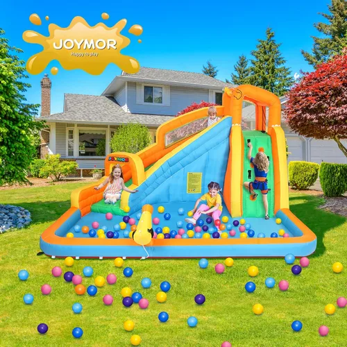 Miniatura 3 de JOYMOR Parque inflable de tobogán acuático con piscina, pared de escalada, cañón de agua, toboganes acuáticos inflables para patio trasero, Naranja