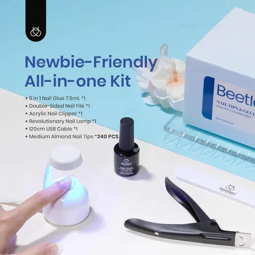 Miniatura 2 de Kit de Uñas de Gel Beetles con Puntas de Uñas de Almendra, Set de Extensión de Uñas Fácil 9 en 1, Gel de Pegamento para Uñas con Puntas de Uñas