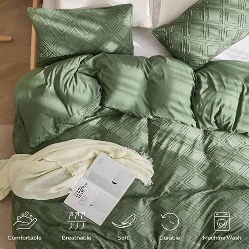 Miniatura 3 de JELLYMONI Funda de edredón tamaño individual verde - Juego de 3 piezas de funda de edredón boho a cuadros de poliéster con mechones, tejido jacquard