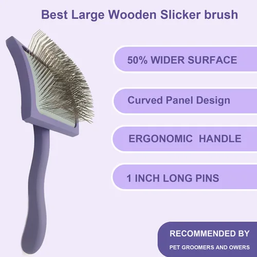 Miniatura 3 de Slicker - Cepillo ergonómico con mango de madera para caniches, Goldendoodles y otros perros de pelo largo (morado)