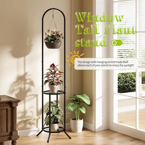 Miniatura 3 de BMOSU Soporte para plantas con ganchos para interiores y exteriores, soporte alto de metal resistente de 3 niveles para plantas, para patio, jardín