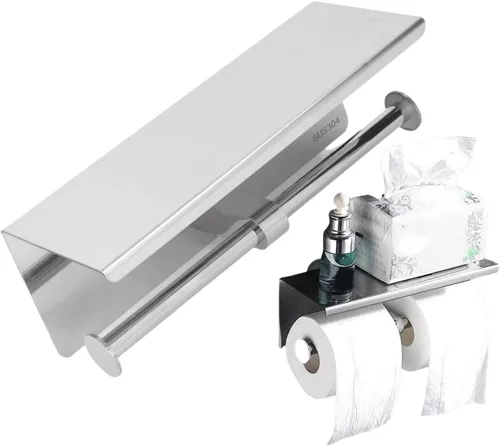 Soporte de papel higiénico con estante, soporte doble de papel higiénico para montaje en pared, dispensador de rollos de papel higiénico doble de