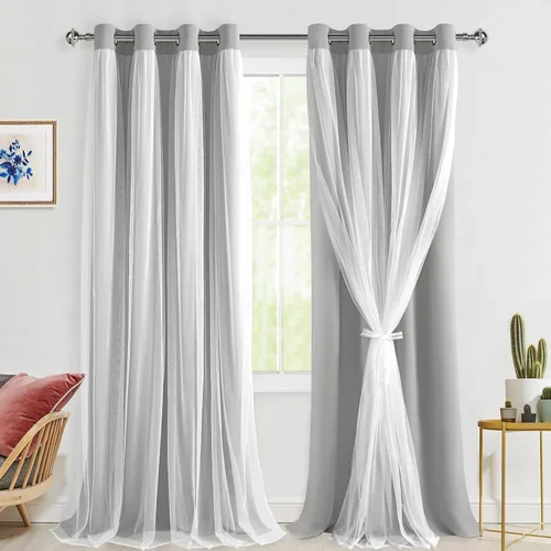 Miniatura 12 de Hiasan Cortinas opacas con superposición transparente, aislamiento térmico para mezclar y combinar de doble capa, cortinas de oscurecimiento de Beige