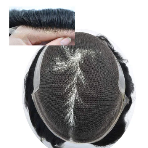 Miniatura 16 de Sistema de repuesto de cabello humano europeo con encaje frontal suizo para hombre, tupé para hombre, pieza de cabello, nudo blanqueado, línea #17