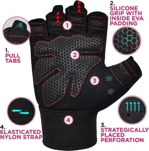 Miniatura 2 de RDX Guantes de levantamiento de pesas para gimnasio, entrenamiento de fitness, protección completa acolchada antideslizante, ultra ventilados, Rosa