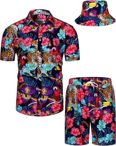 Miniatura 21 de TUNEVUSE Conjunto de camisas y pantalones cortos hawaianos para hombre, 2 piezas, trajes de playa con estampado de flores, traje tropical de verano