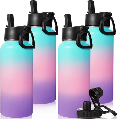 Miniatura 24 de Neihepal Botella de agua aislada de 32 onzas con 2 tapas (tapa con pajilla y boquilla), botellas de agua de doble pared de acero inoxidable 18/8