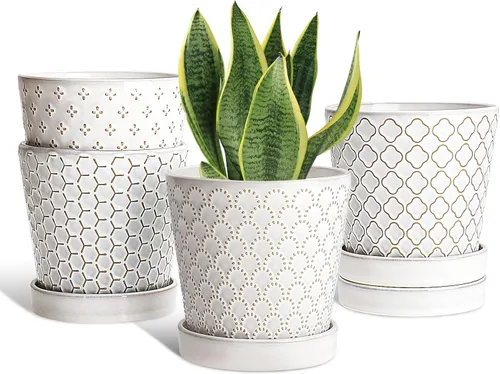 Miniatura 11 de Macetas de cerámica EFISPSS, macetas de 5 pulgadas con agujeros de drenaje y bandeja de cerámica, diseño en relieve para plantas de flores, set
