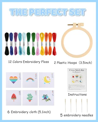Miniatura 2 de Pllieay Kit de punto de cruz para principiantes para niños de 7 a 13 años, incluye 6 patrones de punto de cruz y 2 aros, 12 madejas, kit de inicio