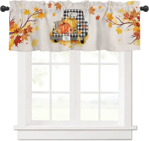 Cortinas de otoño de Acción de Gracias, cenefas de ventana, cortinas de cocina de otoño, cenefas con bolsillo para barra, calabaza, hoja de arce,