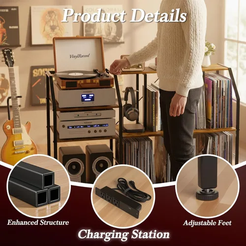 Miniatura 6 de Faesun Soporte grande para tocadiscos de 51.7 pulgadas con almacenamiento de discos de vinilo y tomas de corriente, gabinete de almacenamiento