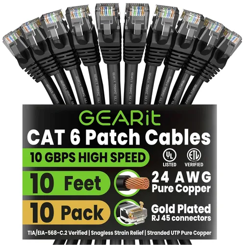 Miniatura 52 de Paquete de Cable Ethernet Cat 6 GEARit - Pack de 10 cables de conexión Ethernet Cat6 de 15 pies Cable de conexión de red RJ45, conectores dorados