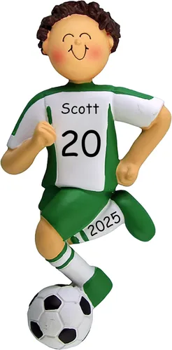 Miniatura 7 de Adorno de Navidad personalizado de fútbol, uniforme blanco y negro, niña, cabello rubio, bola de regate, resina pintada a mano, 4.5 pulgadas