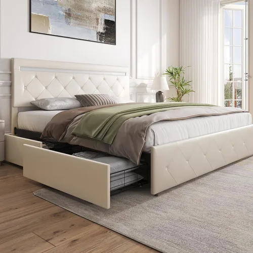 Miniatura 7 de Benevika Base de cama tamaño full con 4 cajones y luz LED, estación de carga, cama de plataforma de almacenamiento tapizada en cuero PU con cabecera