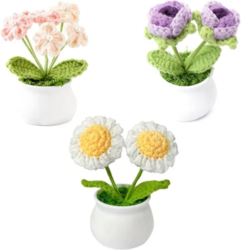 Miniatura 11 de Juego de 3 macetas de ganchillo con margarita rosa y Forget Me Not Small Potted Flowers Crochet Regalo para mamá, esposa, Día de la Madre