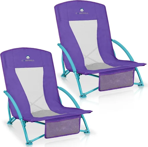 Miniatura 7 de Paquete de 2 sillas de playa bajas, sillas de asiento bajas plegables compactas para adultos con respaldo de malla, portavasos y bolsa