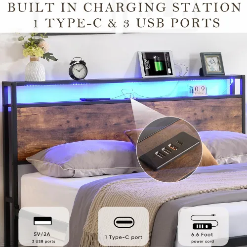 Miniatura 3 de Base de cama de tamaño matrimonial con cajones de almacenamiento y 3 puertos USB, base de cama LED matrimonial con cabecero, plataforma de metal sin