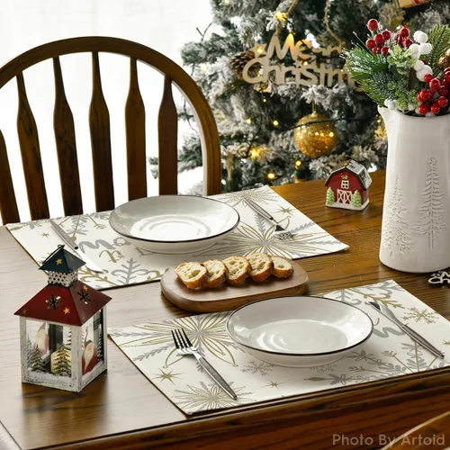Miniatura 4 de Artoid Mode Juego de 4 manteles individuales de mesa con diseño de copo de nieve beige Let It Snow de invierno, 12 x 18 pulgadas, manteles de mesa