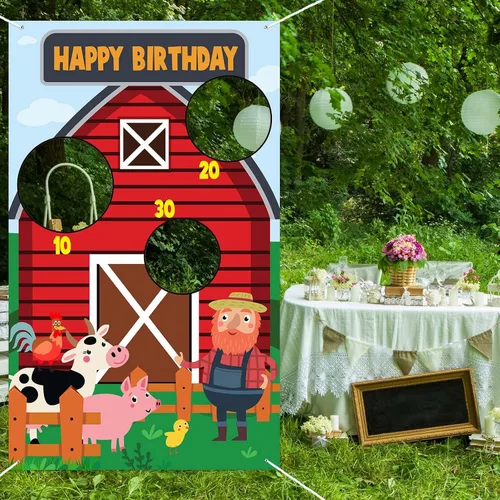 Miniatura 6 de Cartel de juegos de lanzamiento de animales de granero rojo con temática de vaca, cerdo, pollo, decoración para fiesta de cumpleaños de niños