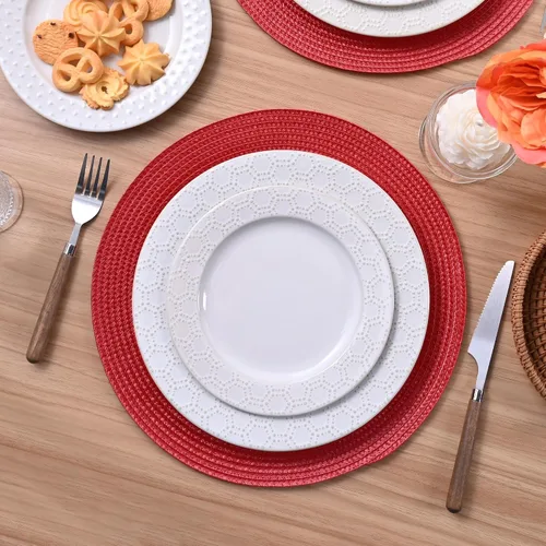 Miniatura 32 de Feuille Juego de 4 manteles individuales redondos trenzados para mesa de comedor, tejidos, lavables, antideslizantes, 13.5 pulgadas
