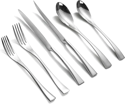 Miniatura 10 de Lemeya Juego de cubiertos negros de 24 piezas con cuchillos para carne, juego de cubiertos de acero inoxidable 18/10 forjado para 4, juego