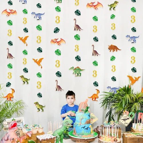 Miniatura 3 de Decoraciones de cumpleaños de dinosaurio de 52 pies para niños, pancarta de cumpleaños de tercer dinosaurio Rex, guirnalda de serpentinas, telón