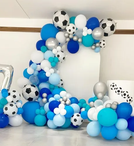 Miniatura 3 de Kit de arco de globos de fútbol con globos de papel de aluminio de fútbol 4D, globos de látex azul real, blanco, plateado metálico para baby shower