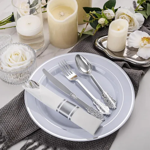 Miniatura 4 de WELLIFE Paquete de 50 cubiertos de plástico plateado, juego de cubiertos envueltos desechables, incluye 50 tenedores, 50 cuchillos, 50 cucharas y 50