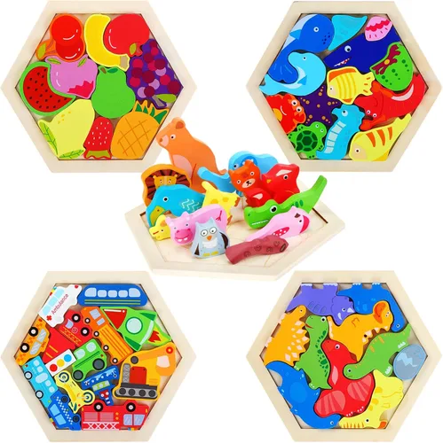 Paquete de 5 rompecabezas de madera Tangram para niños, rompecabezas hexagonal de madera, bloques de rompecabezas con formas geométricas, juegos de