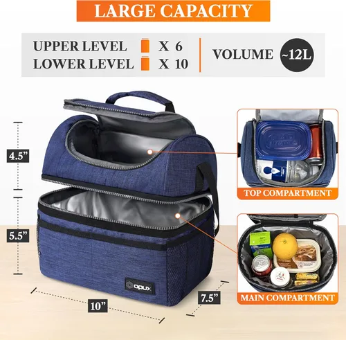 Miniatura 2 de OPUX Lonchera para hombres y mujeres, lonchera grande aislada para adultos, trabajo, doble lonchera de dos niveles, preparación de comidas, Azul