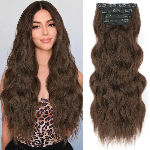 Miniatura 24 de ALXNAN Extensiones de cabello sintético largo y ondulado con clip, de 16 pulgadas, color negro natural, 4 piezas gruesas, fibra de doble trama