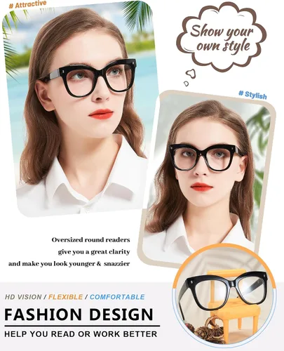 Miniatura 2 de MARE AZZURO Gafas de lectura de gran tamaño para mujer, a la moda, redondas, para lectores 1.0, 1.25, 1.5, 1.75, 2.0, 2.25, 2.5, 2.75, 3.0, 3.5